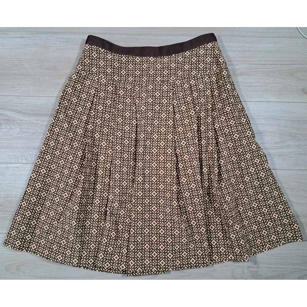 Anne‎ Klein Brown Geometric 100% Silk Pleated Skirt Womens Size 4 Knee Length